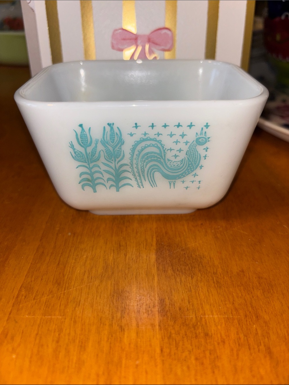 Pyrex White Milk Glass Casserole with Teal Rooster Motif